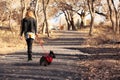 Woman Walking Scottish Terrier Dog