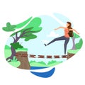 Woman Walking at Staggering Suspension Bridge