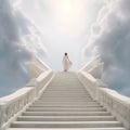 Woman walking on stairway to heaven, eternal life concept, realistic design illustration, generative ai