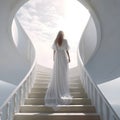 Woman walking on stairway to heaven, eternal life concept, realistic design illustration, generative ai