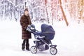 Woman walking with stroller in forest at winter. Royalty Free Stock Photo