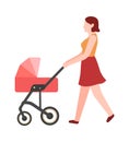 Woman walking with stroller. Young female character in summer casual dress pushing pram, mother with child outdoors