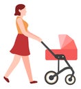 Woman walking with stroller. Young mother pushing pram Royalty Free Stock Photo