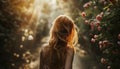 Woman walking thru the rose garden. AI generated. Royalty Free Stock Photo