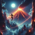 A woman walking a tightrope over a volcano, photorealistic v Royalty Free Stock Photo