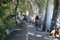 Woman walking on treelined sidewalk along the Tiber River in Rome