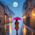 Woman walking under the Rain with a Red umbrella in the moonlight Royalty Free Stock Photo