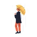 Woman walking under umbrella in rain shower. Person holding parasol in hand in downpour, rainfall, rainy day, wet