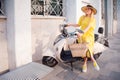 Woman walking in yellow dress at Paphos old city Royalty Free Stock Photo