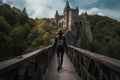 Woman walks across bridge to castle. Generate Ai