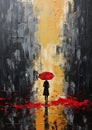 A woman walks alone in the rain, her umbrella and coat red with
