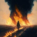 A woman walks along a burning road.