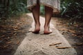 A woman walks barefoot on a path in the forest