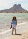 A Woman Walks the Beach, Tetakawi Mountain Behind, San Carlos, M Royalty Free Stock Photo