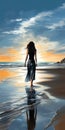 Elegant Realism: Nancy Walking Alone On The Beach - Digital Painting