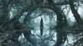 A woman walks through a distorted forest only to realize she is ped within a reflection of her own mind Royalty Free Stock Photo