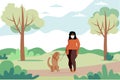 Woman walking a dog in the summer. Cute vector illustration in flat style