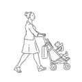 Woman walks down street with baby in stroller. Walk mom child in summer time vector line art black white illustration.