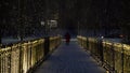 A woman walks on a pedestrian bridge with lights on a winter evening in a snowfall, a snow storm