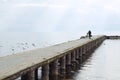 Woman walks on the pier of Ohrid lake, blurred