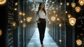 Woman walks through server room with glowing security icons, data protection concept Royalty Free Stock Photo