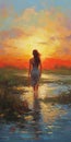 Sunset Walk With Girl: A Serene Painting By Mike Laves In The Style Of Eric Wallis And Dmitry Kustanovich