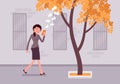 Woman walks with smartphone to bump into a tree Royalty Free Stock Photo