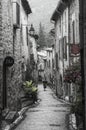 Woman walks by in a street of the medieval French village of Saint-Guilhem-le-DÃÂ©sert