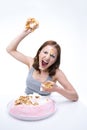 Woman wants to throw cake into the camera