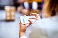 Woman warehouse worker with smartphone. Royalty Free Stock Photo