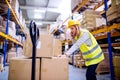 Woman warehouse worker with a smartphone. Royalty Free Stock Photo