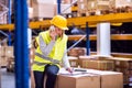 Woman warehouse worker with smartphone. Royalty Free Stock Photo