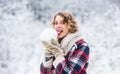 Woman warm clothes snowy forest. Nature covered snow. Happiness. Exciting winter photoshoot ideas. Snowflakes are tiny