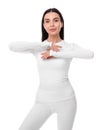 Woman in warm thermal underwear on white background