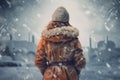 Woman warm winter clothes in city. Generate Ai