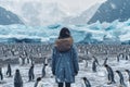 Woman warm winter clothes with penguins. Generate Ai