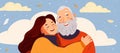 A woman warmly embraces an elderly man in a snowy setting, both smiling happily Royalty Free Stock Photo