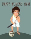 Woman warrior with enemy skull, women`s day greeting