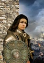 Woman warrior knight Jeanne d`Arc in armor against the background of the battlefield