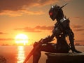 Portrait of beautiful epic warrior woman cyberpunk ninja at sunset AI