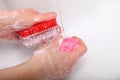 Woman wash soapy hands in bathroom Royalty Free Stock Photo