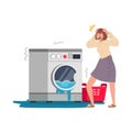 Woman and washer with leakage. Laundry equipment. Plumbing problem. Washing machine is broken. Flat vector illustration Royalty Free Stock Photo