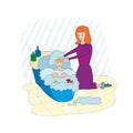 A woman washes and bathes her daughter in a baby`s bath. A lot of foam and toys