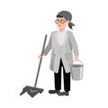 A woman washes the floor. Cartoon cleaning lady with bucket and mop