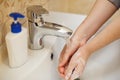 Woman washes hands from a coronavirus . Hygiene for washing hands from germs and viruses