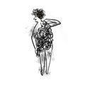 Woman washes with a washcloth, funny black and white illustration, view from back