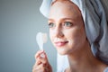 Woman washing cleaning face and skin with brush soap and wather Royalty Free Stock Photo