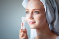 Woman washing cleaning face and skin with brush soap and wather Royalty Free Stock Photo