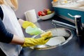 Woman washing dishes in the kitchen with sponge. Royalty Free Stock Photo