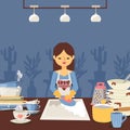 Woman is washing dishes, vector illustration. Housewife in kitchen, cleaning plates after dinner. Domestic cleanup Royalty Free Stock Photo